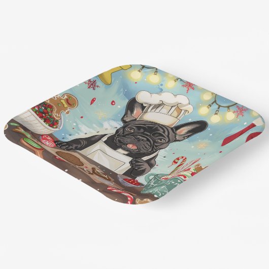 Franse Bulldog Vakantie Bakken: Feestelijke Kerstm Papieren Bordje (Gebogen)