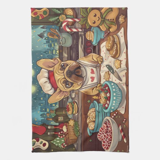 Franse Bulldog Vakantie Bakken: Feestelijke Kerstm Theedoek (Verticaal)
