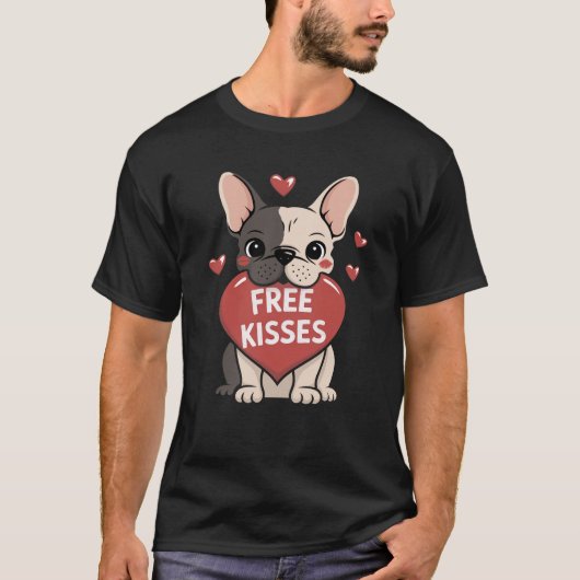 Franse Bulldog Valentijnsdag Gratis Kusjes T-shirt (Voorkant)