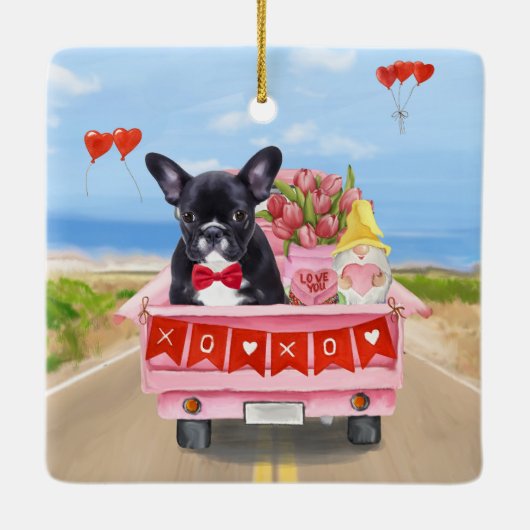 Franse Bulldog Valentijnsdag Truck Keramisch Ornament (Achterkant)
