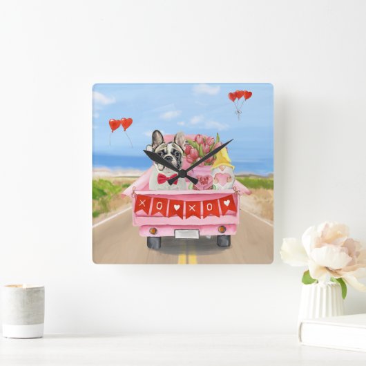 Franse Bulldog Valentijnsdag Truck Vierkante Klok (Huis)