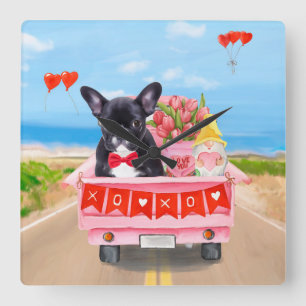Franse Bulldog Valentijnsdag Truck Vierkante Klok