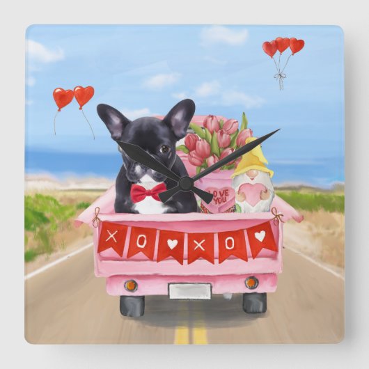 Franse Bulldog Valentijnsdag Truck Vierkante Klok (Voorkant)