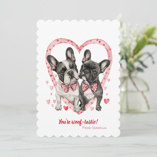 Franse Bulldog Valentijnsdag Woof-tastic Fun Feestdagenkaart (Staand voorkant)