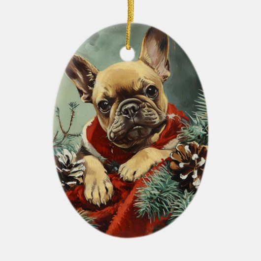 Franse Bulldog vintage Kerstmis Keramisch Ornament (Voorkant)