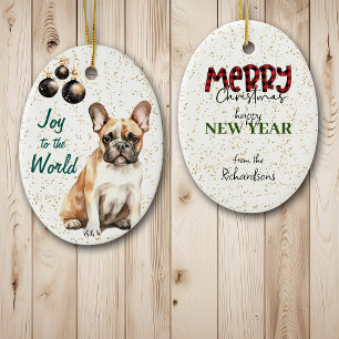 Franse Bulldog Vreugde aan de Wereld Kerstmis Keramisch Ornament