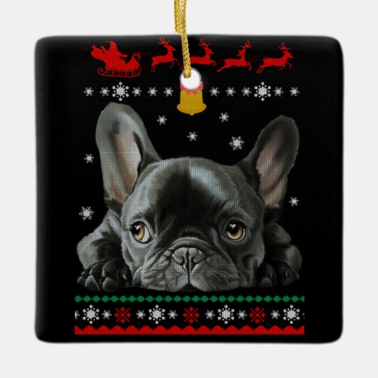 Franse Bulldog | Vrolijk kerstfeest met franje Keramisch Ornament (Voorkant)