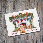 Franse Bulldog wacht op Kerstmis open haard