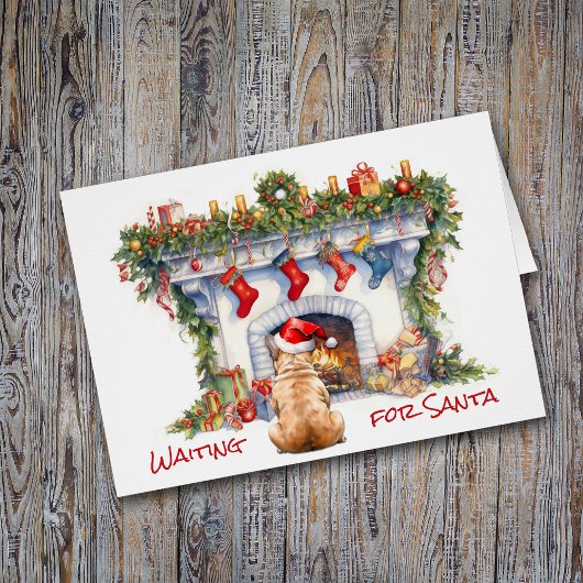 Franse Bulldog wacht op Kerstmis open haard