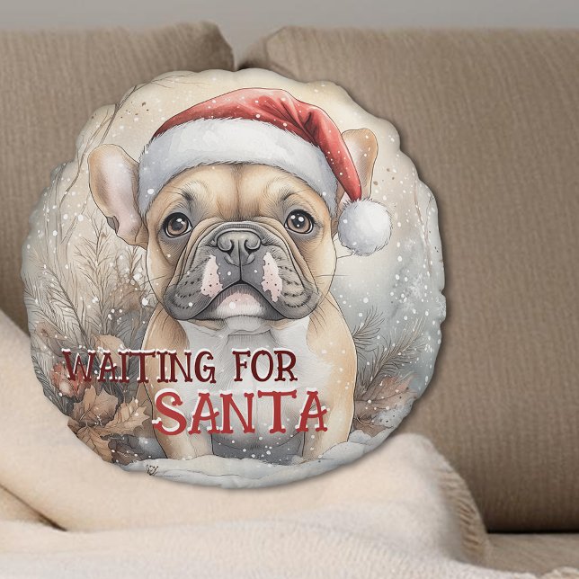 Franse Bulldog wacht op kerstmis Rond Kussen (French Bulldog Waiting For Santa Christmas Round Pillow - Personalize with your own message)