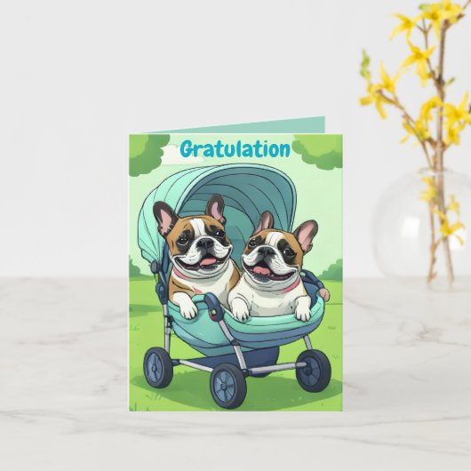 Franse Bulldog Wagentje Kaart (Gele Bloem)
