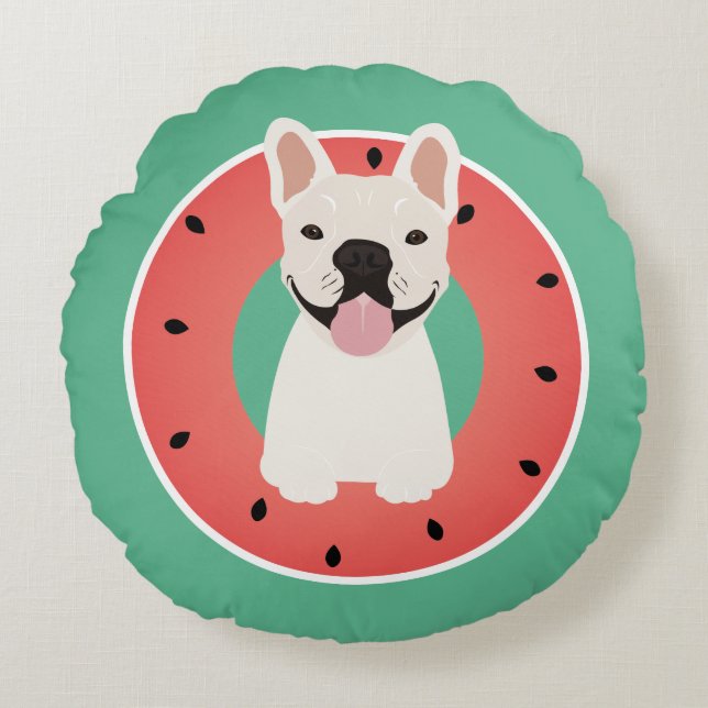 Franse Bulldog Watermelon Fruit Rond Kussen (Voorkant)