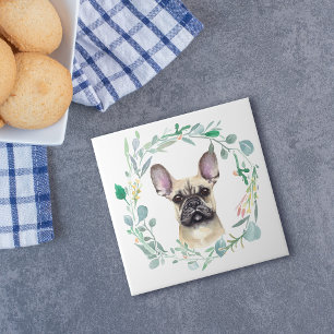Franse Bulldog Waterverf Wreath Tegeltje