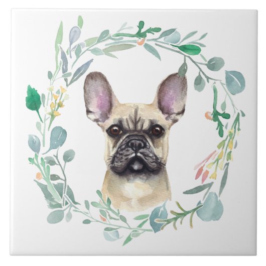 Franse Bulldog Waterverf Wreath Tegeltje (Voorkant)