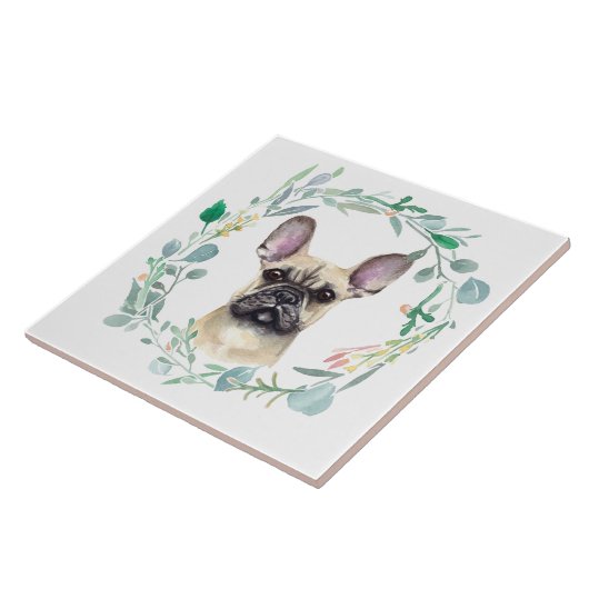 Franse Bulldog Waterverf Wreath Tegeltje (Zijkant)