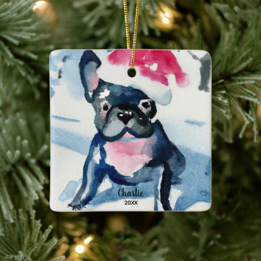 Franse Bulldog Wearing Santa Hat, jaar met aangepa Keramisch Ornament (Boom)