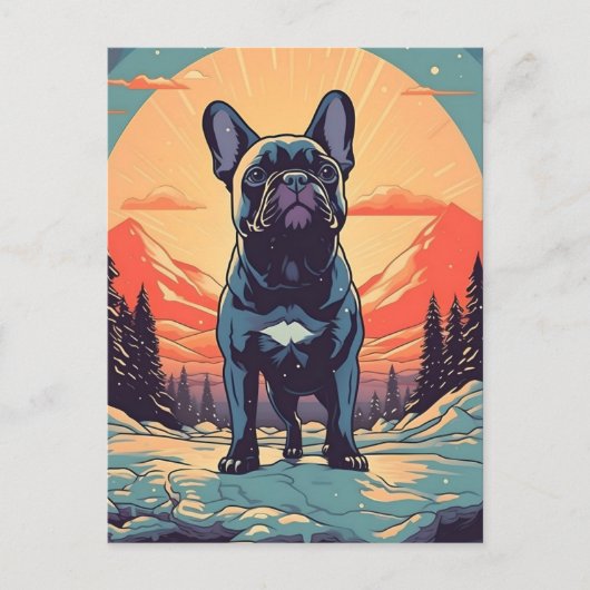 Franse Bulldog winter bergbos tijdens zonsondergan Briefkaart (Voorkant)