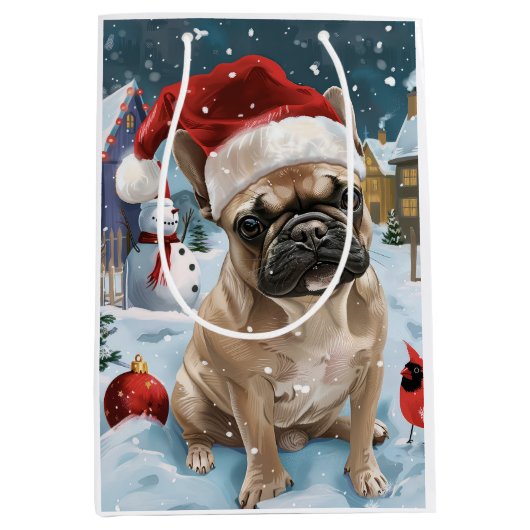 Franse Bulldog Winter Wonderland Kerstvreugde Medium Cadeauzakje (Voorkant)