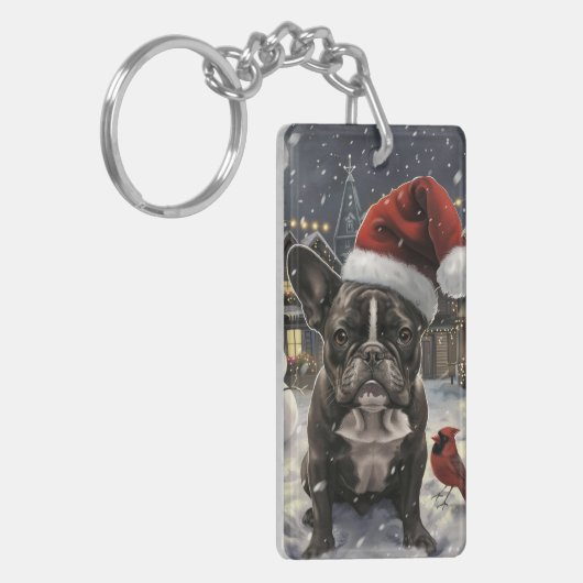 Franse Bulldog Winter Wonderland Kerstvreugde Sleutelhanger (Voorkant Links)