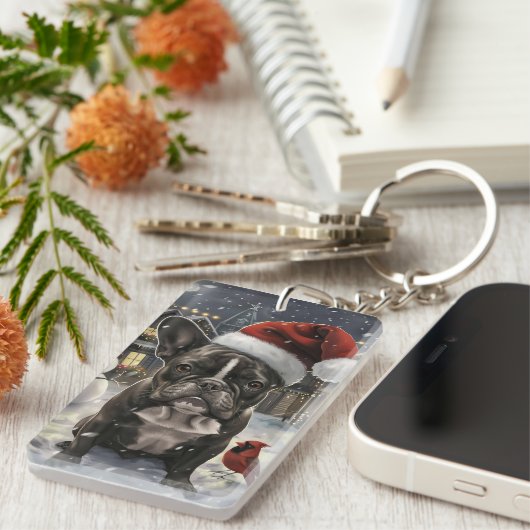 Franse Bulldog Winter Wonderland Kerstvreugde Sleutelhanger (Voorkant Rechts)