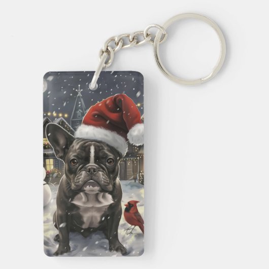Franse Bulldog Winter Wonderland Kerstvreugde Sleutelhanger (achterkant)