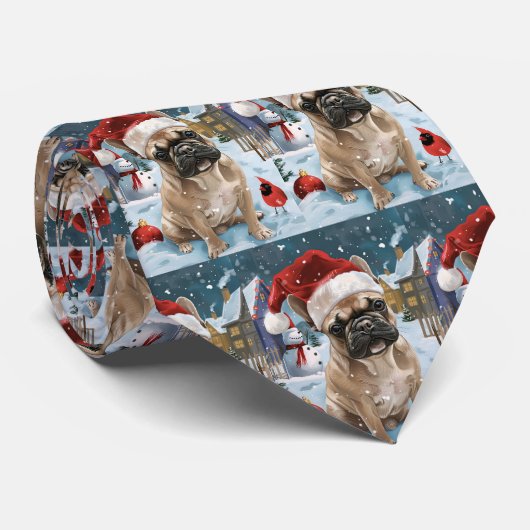 Franse Bulldog Winter Wonderland Kerstvreugde Stropdas (Opgerold)
