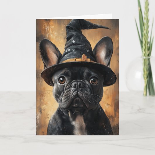 Franse Bulldog Witch Halloween Feestdagen Kaart (Voorkant)