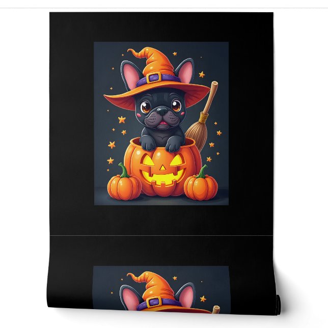 Franse Bulldog Witch Pumpkin Halloween Mannen vrou Behang (Afrollen)