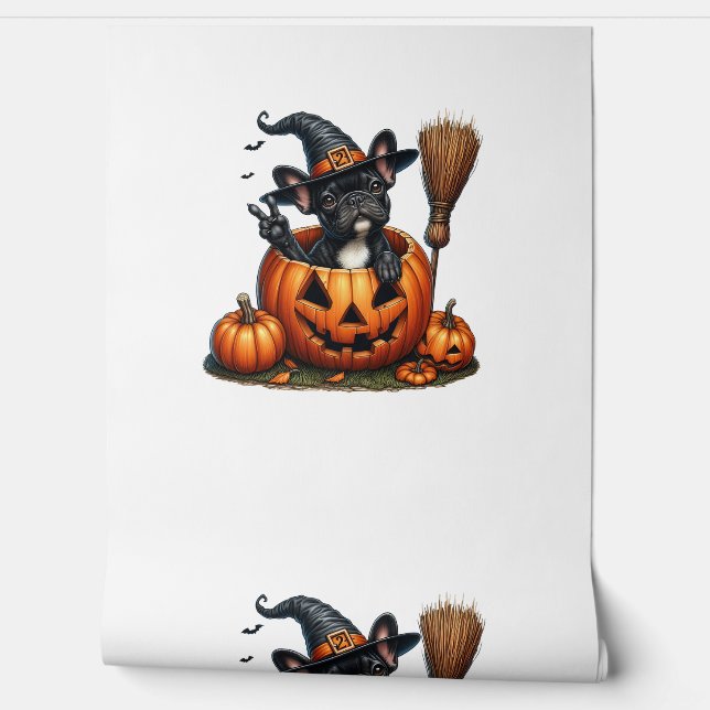 Franse Bulldog Witch Pumpkin Halloween Mannen vrou Behang (Afrollen)