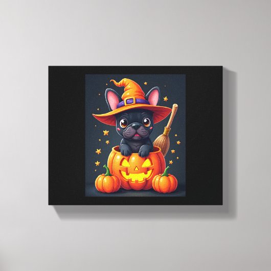 Franse Bulldog Witch Pumpkin Halloween Mannen vrou Canvas Afdruk (Voorkant)