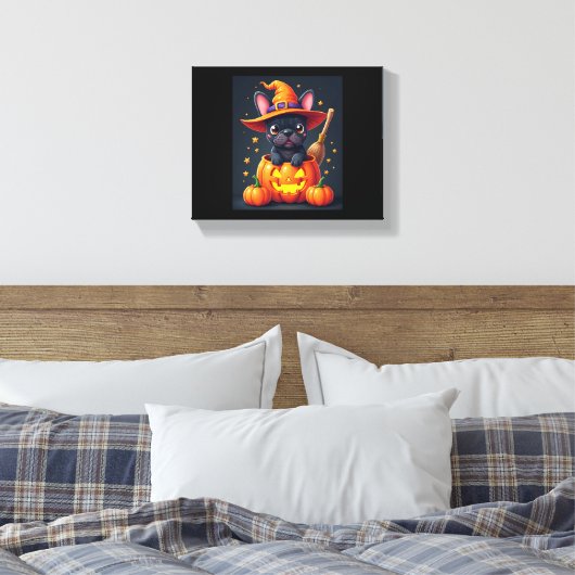 Franse Bulldog Witch Pumpkin Halloween Mannen vrou Canvas Afdruk (Insitu (Slaapkamer))