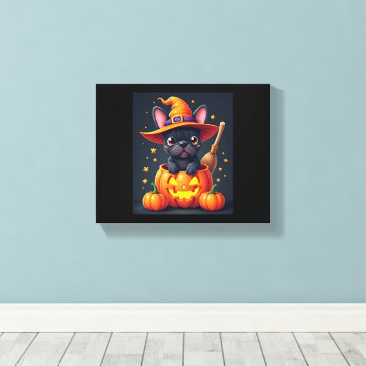 Franse Bulldog Witch Pumpkin Halloween Mannen vrou Canvas Afdruk (Insitu (Houten vloer))