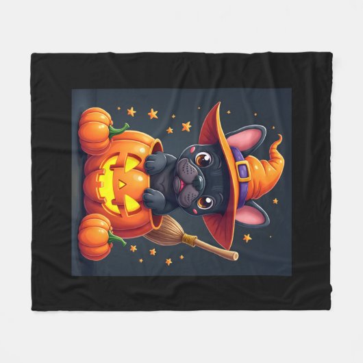 Franse Bulldog Witch Pumpkin Halloween Mannen vrou Fleece Deken (Voorkant (Horizontaal))