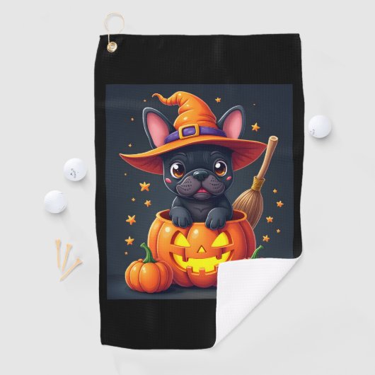 Franse Bulldog Witch Pumpkin Halloween Mannen vrou Golfhanddoek (Insitu)