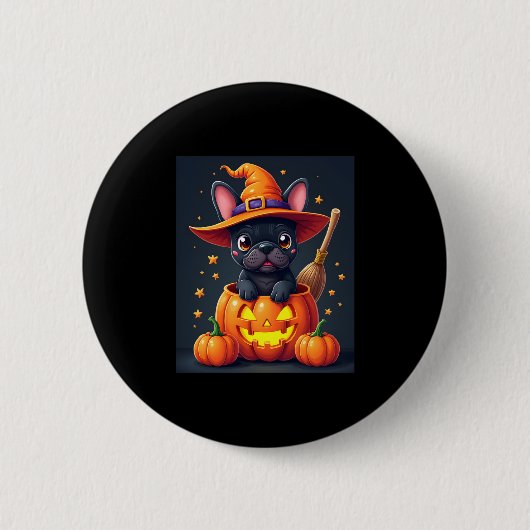 Franse Bulldog Witch Pumpkin Halloween Mannen vrou Ronde Button 5,7 Cm (Voorkant)