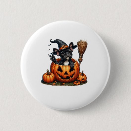 Franse Bulldog Witch Pumpkin Halloween Mannen vrou Ronde Button 5,7 Cm (Voorkant)