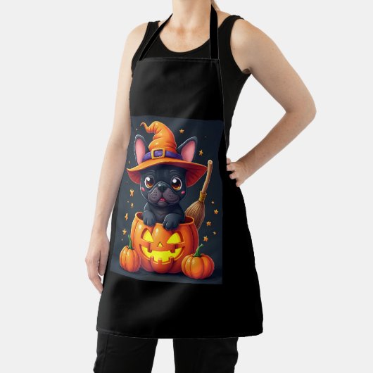 Franse Bulldog Witch Pumpkin Halloween Mannen vrou Schort (Insitu)