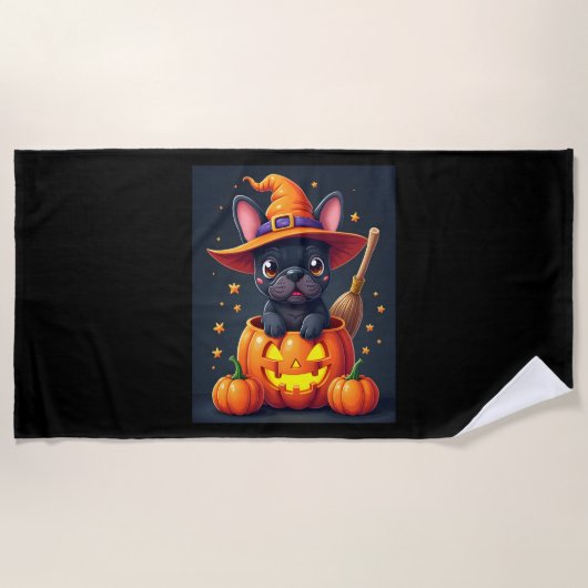 Franse Bulldog Witch Pumpkin Halloween Mannen vrou Strandlaken (Voorkant)