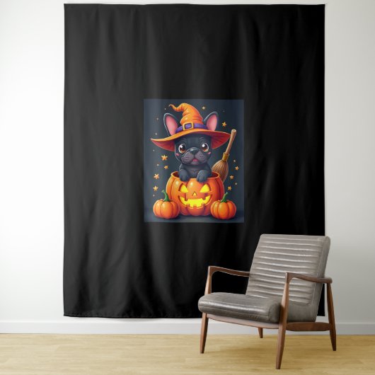 Franse Bulldog Witch Pumpkin Halloween Mannen vrou Wandkleed (In situ)