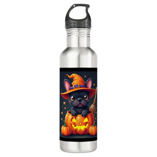 Franse Bulldog Witch Pumpkin Halloween Mannen vrou Waterfles (Voorkant)