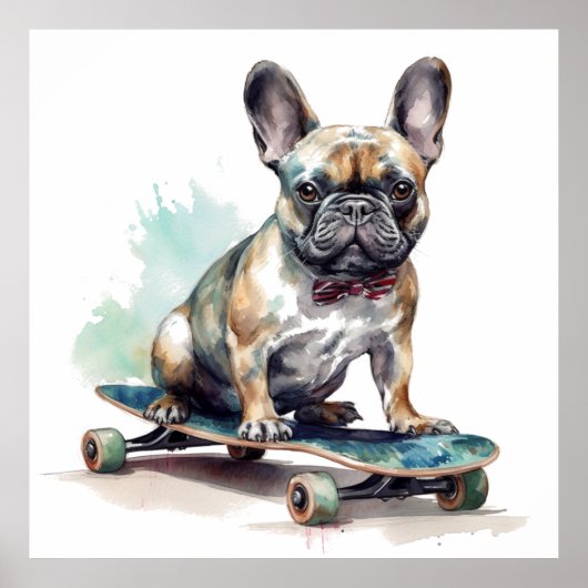 Franse Bulldog zittend op skateboard Poster (Voorkant)