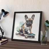 Franse Bulldog zittend op skateboard Poster