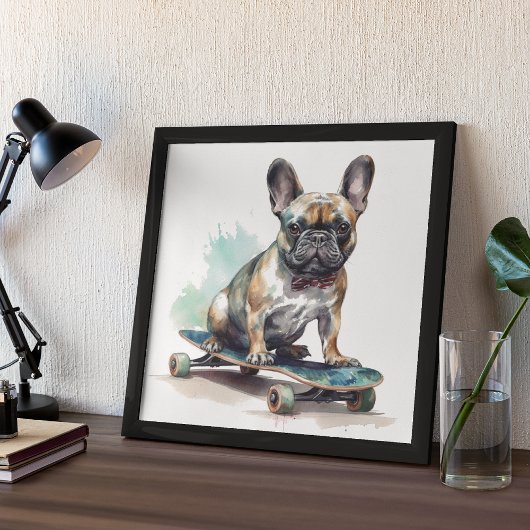 Franse Bulldog zittend op skateboard Poster