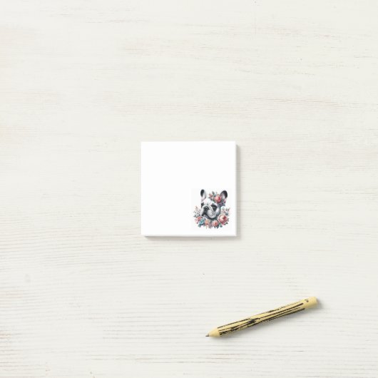 Franse Bulldog Zwart-wit Bloemen Post-it® Notes (Op bureau)