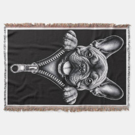 Franse Bulldog Zwart & Wit Gravure Ritssluiting Deken