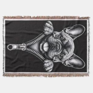 Franse Bulldog Zwart & Wit Gravure Ritssluiting Deken
