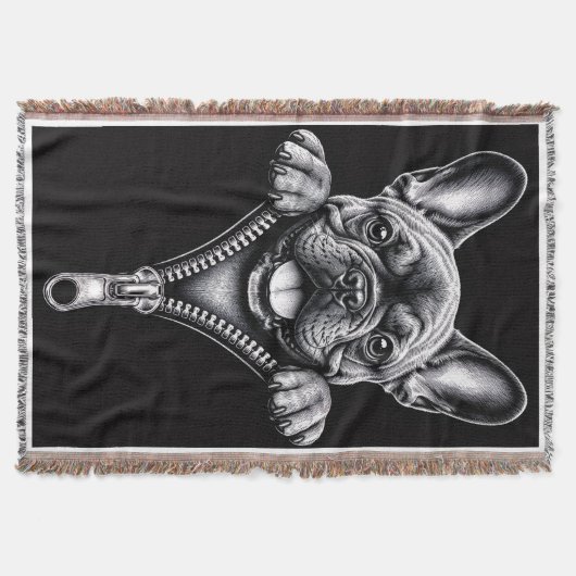 Franse Bulldog Zwart & Wit Gravure Ritssluiting Deken (Voorkant)