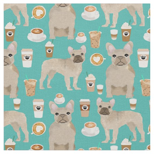 Franse Bulldogs Coffee Lover Turquoise Stof (Close Up)