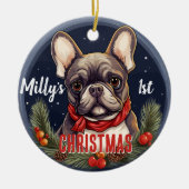 Franse Bulldog's Eerste Kerstmis Keramisch Ornament (Voorkant)