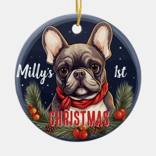 Franse Bulldog's Eerste Kerstmis Keramisch Ornament (Voorkant)
